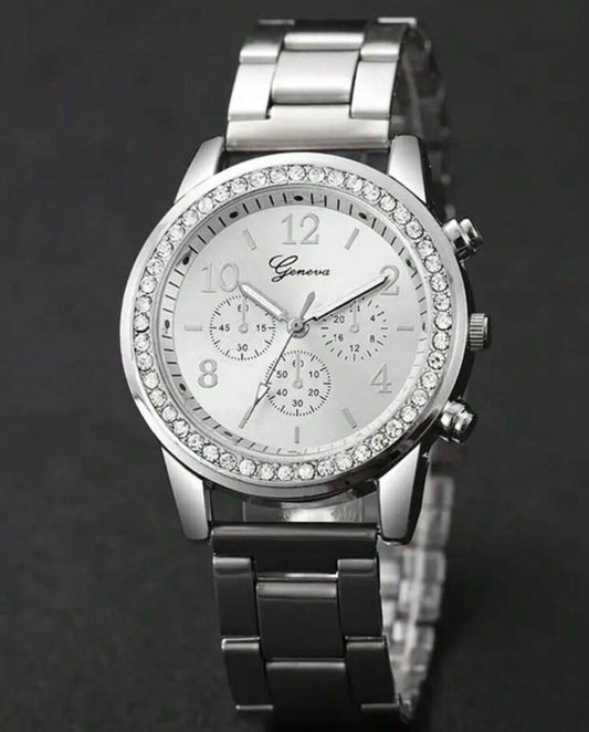 4 Pieces Lady's Silver Stainless Steel Strap Classic Quartz Watch Jewelry Set